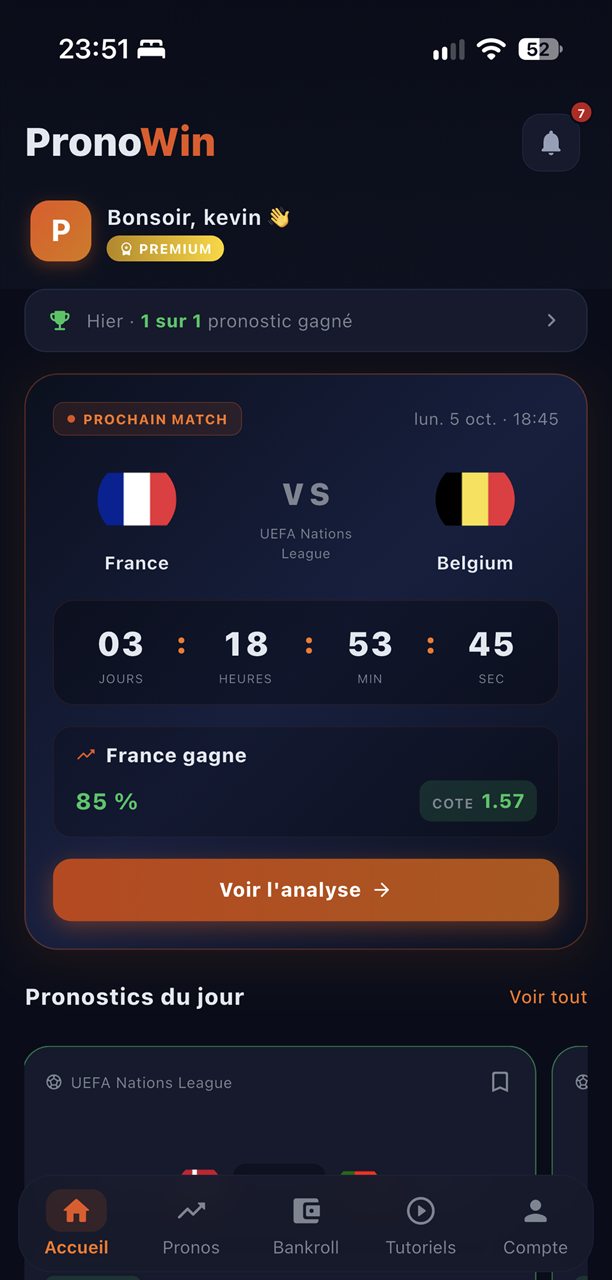 Écran d’accueil PronoWin : prochain match, compte à rebours, pronostic de l’analyste et son indice de confiance.